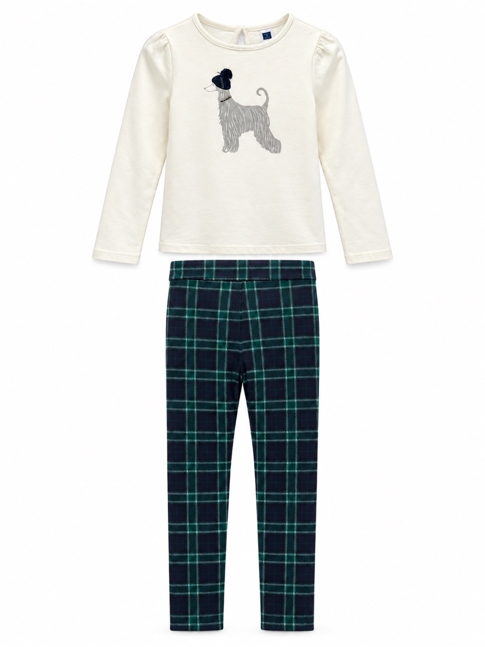 Girls Cream Long-Sleeve Dog Top & Navy Green Plaid Leggings Set